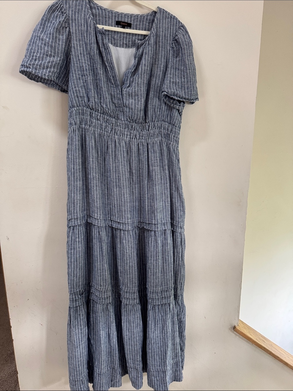 Quince European Linen Tiered Maxi Dress Chambray Stripe Size Large